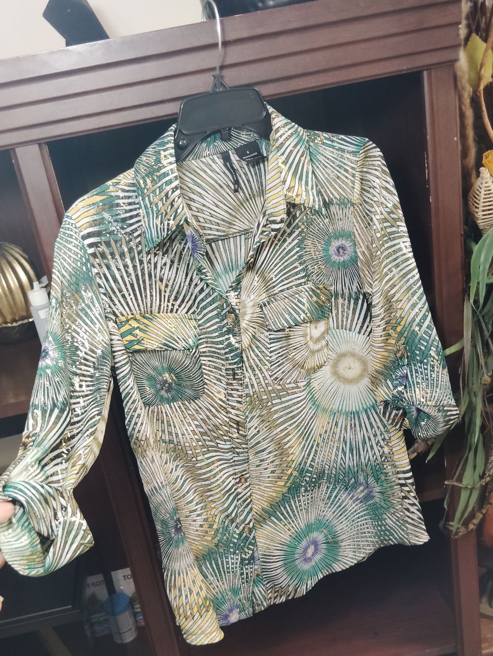 new directions Green Multi-Print Button Down Shirt